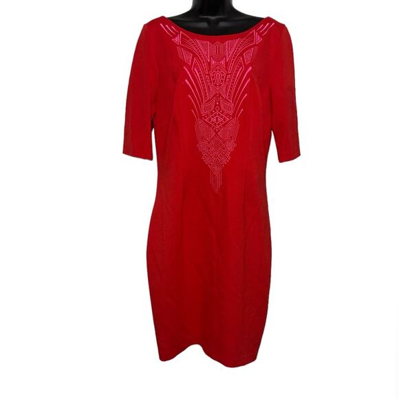 Laundry Shelli Segal Red Orange Pink Embroidered Southwest Aztec Dress Size‎ 10 - Picture 1 of 4